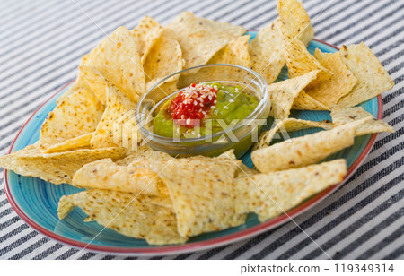 Nachos chips with guacamole 119349314