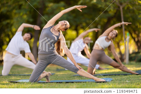 Woman performing yoga asanas during group session in park 119349471