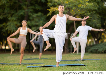 Man performing one-legged pose during group yoga in summer park 119349496