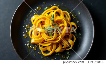 A vibrant serving of homemade fettuccine pasta is elegantly piled on a dark plate. The dish is garnished with fresh herbs and a drizzle of olive oil, showcasing culinary artistry. A vibrant serving of homemade fettuccine pasta is elegantly piled on a dark plate. The dish is garnished with fresh herbs and a drizzle of olive oil, showcasing culinary artistry. 119349846