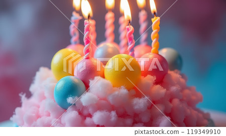 A vibrant birthday cake adorned with bright candles and colorful spheres sits festively among fluffy, cotton candy-inspired frosting at a lively party setting. 119349910