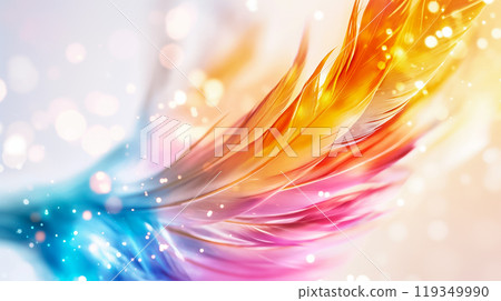 A stunning display of colorful feather-like textures blends bright hues of orange, pink, and blue, creating a soft and ethereal glow suitable for various digital backgrounds. 119349990