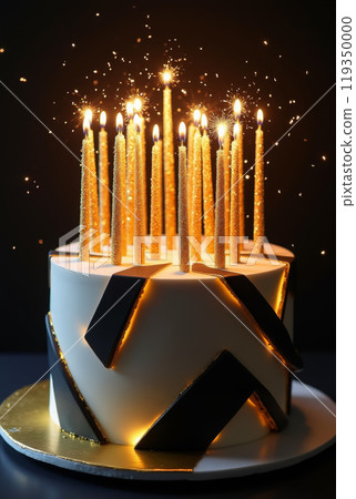 A beautifully crafted cake stands elegantly in a dark ambiance, adorned with golden candles that shimmer and spark, creating a festive atmosphere for a celebration. 119350000