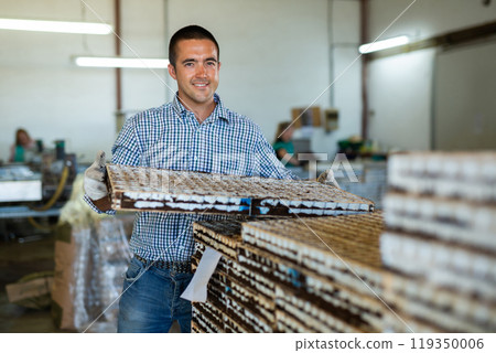 Portrait of male farm worker loading boxes with vegetable seeds in stack on greenhouse plantation Portrait of male farm worker loading boxes with vegetable seeds in stack on greenhouse plantation 119350006