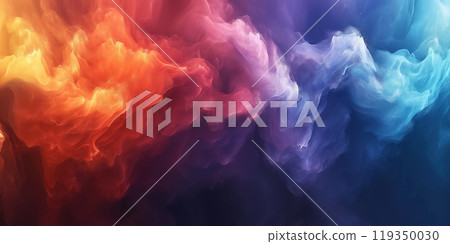 This vibrant abstract background showcases swirling clouds of color, transitioning from warm oranges and reds to cool blues and purples, creating a dynamic and inviting atmosphere. 119350030