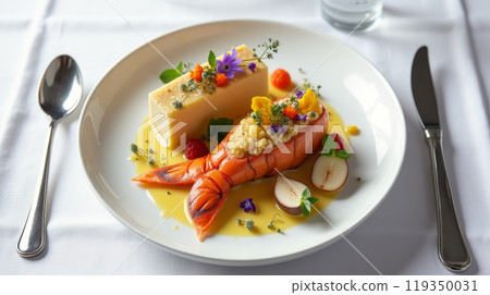 A beautifully arranged plate showcases grilled shrimp adorned with fresh herbs and colorful garnishes, alongside a creamy dessert, all served in an upscale restaurant setting. 119350031