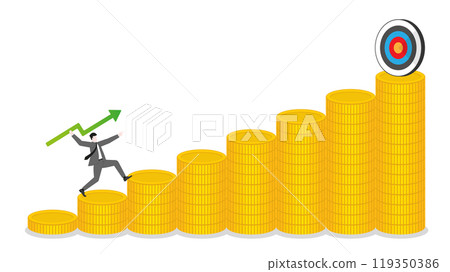 A businessman throws a green arrow like a javelin to a business goal on coins bar graph up. Financial success, ambition to target, investment strategy, performance at work, and career opportunity 119350386