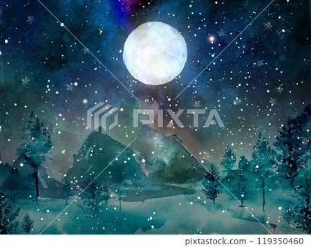 Watercolor painting of snowy night sky and mountains with a shining full moon 119350460
