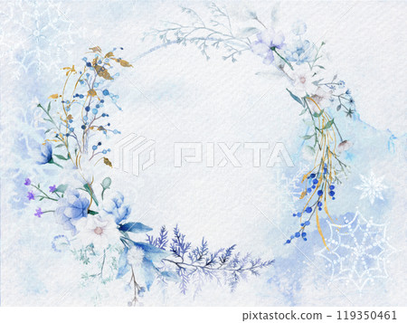 Watercolor wreath of snowflakes and winter flowers 119350461