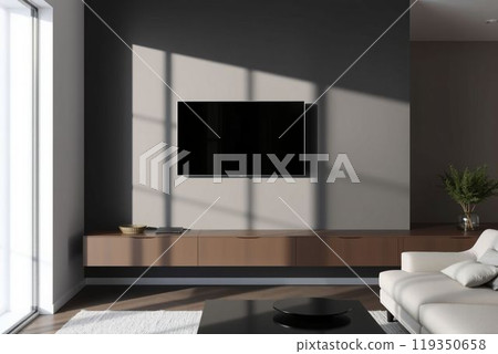 A modern flat-screen TV mounted on a dark wall in a sunny room A modern flat-screen TV mounted on a dark wall in a sunny room 119350658