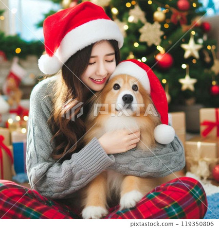 一個女人和她的狗一起過聖誕節 狗遇到了麻煩 一個女人和她的狗一起過聖誕節 狗遇到了麻煩 119350806
