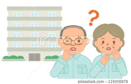 Senior men and women in work clothes with doubts and an apartment building 119350878