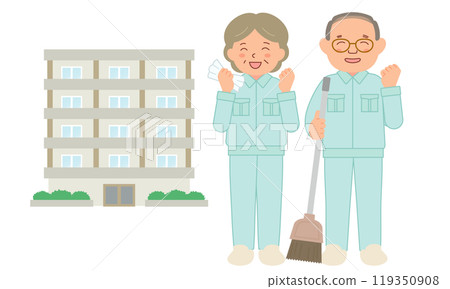 Senior cleaning staff wearing work clothes and an apartment building 119350908