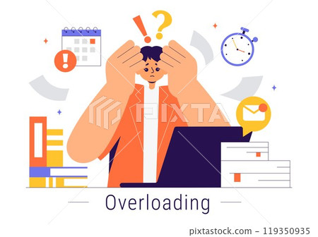Overloading Vector Illustration of a Busy Employee Multitasking to Complete Numerous Documents and Digital Tasks in a Flat Style Cartoon Background 119350935