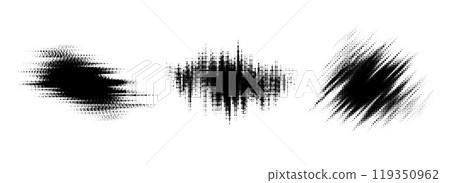 Glitch halftone line element set. Dotted texture geometric form collection. Grunge abstract comic pop art shapes for banner, poster, collage, overlay, label, tag. Distressed distorted vector pack 119350962