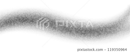 Comic halftone wave background. Dot curved line wallpaper. Abstract fluid backdrop texture. Black grit pop art swoosh element for poster, banner, overlay, card, brochure, flyer, leaflet. Vector 119350964