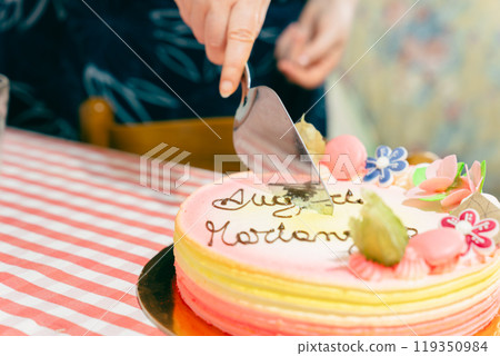 Cutting the decorated cake scene 119350984