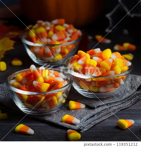 Candy corn, Halloween candy,  yellow, orange, white, sweet flavor, sugar candy,  classic Halloween treat, soft texture, Halloween party, traditional candy, small candy, candy bowl, sweet candy, Hallow 119351212