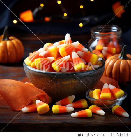 Candy corn, Halloween candy,  yellow, orange, white, sweet flavor, sugar candy,  classic Halloween treat, soft texture, Halloween party, traditional candy, small candy, candy bowl, sweet candy, Hallow 119351214