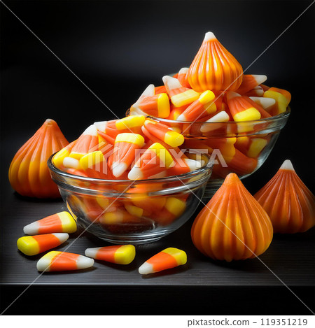 Candy corn, Halloween candy,  yellow, orange, white, sweet flavor, sugar candy,  classic Halloween treat, soft texture, Halloween party, traditional candy, small candy, candy bowl, sweet candy, Hallow 119351219