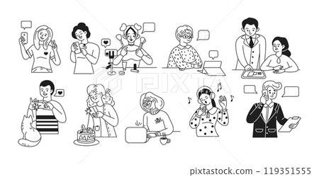 People using electronic devices for various purposes icons set People using electronic devices for various purposes icons set 119351555