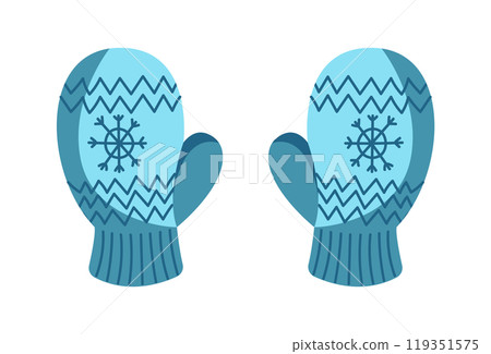 Blue knitted mittens with snowflakes flat vector object 119351575
