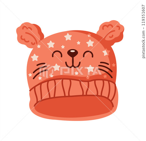 Cute knitted hat with ears and cat face flat vector object Cute knitted hat with ears and cat face flat vector object 119351607