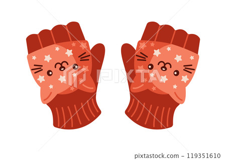 Fingerless gloves with cat faces flat color vector object Fingerless gloves with cat faces flat color vector object 119351610