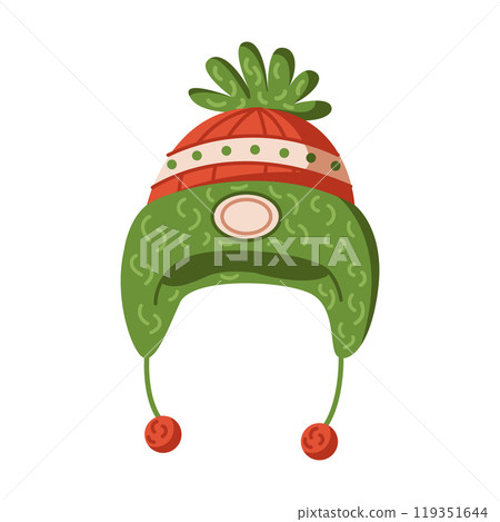 Knitted hat with pompom and strings flat vector object 119351644