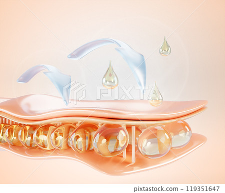3d skin structure render macro background. Epidermis cell layer with fat tissue, infographic arrows and gold oil drop, collagen serum, liquid cosmetic droplet. Hydration and moisture. 3D illustration 3d skin structure render macro background. Epidermis cell layer with fat tissue, infographic arrows and gold oil drop, collagen serum, liquid cosmetic droplet. Hydration and moisture. 3D illustration 119351647