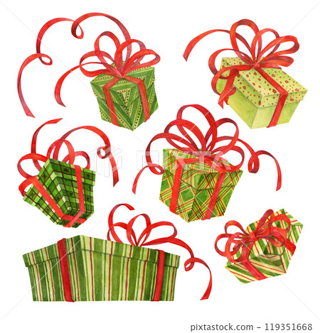 Set of Christmas gift boxes in green colors with red ribbons and bows. Isolated watercolor presents for design or decoration of fabric, wallpaper, wrapping paper, greeting cards and holiday printing Set of Christmas gift boxes in green colors with red ribbons and bows. Isolated watercolor presents for design or decoration of fabric, wallpaper, wrapping paper, greeting cards and holiday printing 119351668