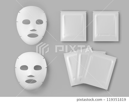 3d face mask sheet and blank white package mockup. Realistic beauty fabric facial mask for skin care with gel, cream or collagen. Cosmetic sachet, pouch render bag isolated icon set. 3D illustration 119351819