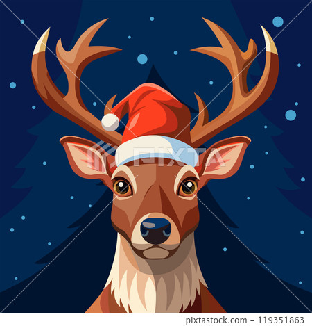 Vector illustration of a portrait of a Christmas deer in a Santa Claus hat against a winter forest background. Festive Christmas design element 119351863