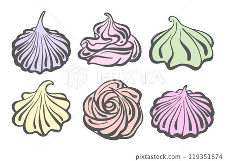 Meringue vector icon. Whipped cream for cake and pie desserts. Pastry illustration on white background. Swirl desert, mousse foam. Meringue vector icon. Whipped cream for cake and pie desserts. Pastry illustration on white background. Swirl desert, mousse foam. 119351874