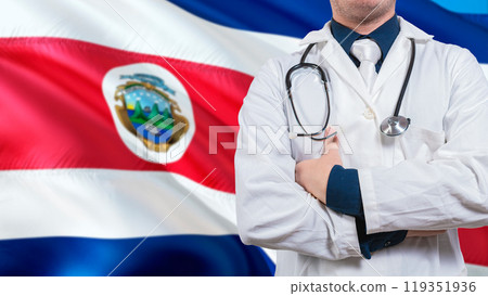 Doctor with stethoscope on Costa Rica flag. Costa Rica national health concept, Health and care with flag of Costa Rica Doctor with stethoscope on Costa Rica flag. Costa Rica national health concept, Health and care with flag of Costa Rica 119351936