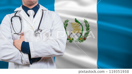 Doctor with stethoscope on guatemala flag. Doctor arms crossed with stethoscope on Guatemala flag, Guatemala national health concept 119351938