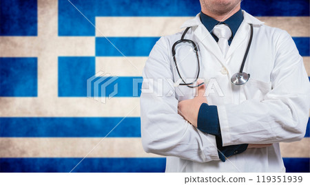 Doctor with stethoscope on greece flag. Doctor with crossed arms on greece flag, Health and care with flag of greece 119351939