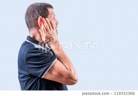 Senior people with earache isolated. Senior man suffering from ear pain isolated. Person with otitis and tinnitus Senior people with earache isolated. Senior man suffering from ear pain isolated. Person with otitis and tinnitus 119352360