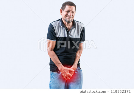 Elderly person with urinary incontinence isolated. Senior man with urinary problems isolated. Urinary problems and cistitis concept 119352371