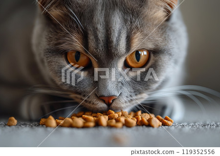 Grey cat is eating food on the floor 119352556