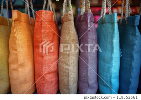 Row of colorful shopper bags with different shades of blue, orange, and purple 119352561