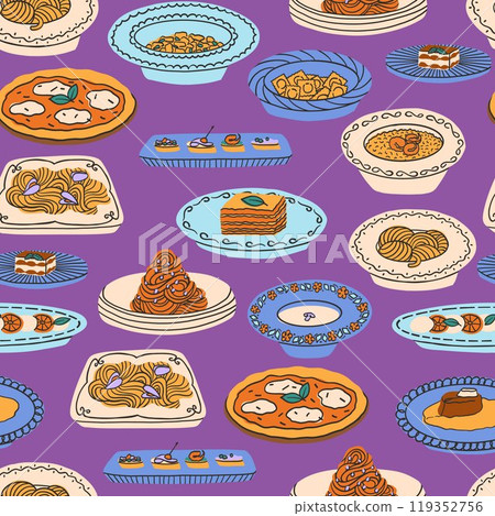 Saemless pattern of Italian dishes. Pasta, lasagna, risotto, Ossobuco, pizza with mozzarella, gnocchi, ravioli, caprese, tiramisu. Vector illustration in modern style 119352756
