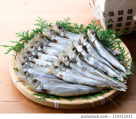 Shishamo (smelt) on a colander Shishamo (smelt) on a colander 119352831