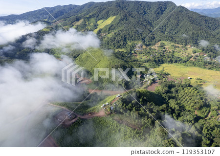 Landscape of Morning Mist with Mountain Layer at north of Thailand. mountain ridge and clouds in rural jungle bush forest 119353107