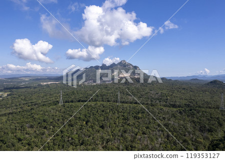 silhouette of high voltage electrical pole structure 119353127