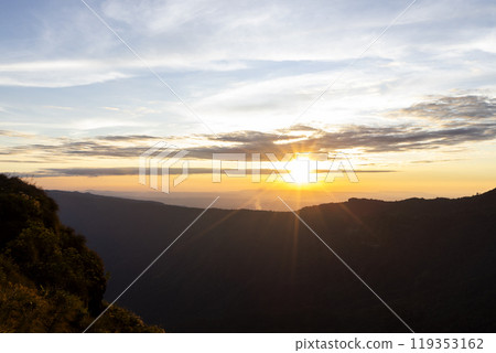 Landscape of Morning Mist with Mountain Layer at north of Thailand. mountain ridge and clouds in rural jungle bush forest 119353162