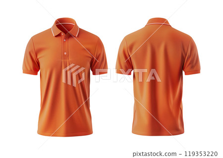 AI-generated item. Orange polo shirt mock-up, front and back view on transparent background. 119353220