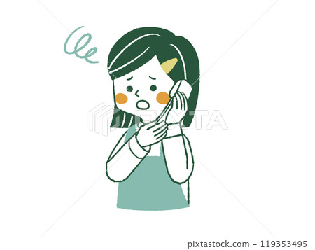 A woman wearing an apron talking on the phone with a troubled expression - 4 colors A woman wearing an apron talking on the phone with a troubled expression - 4 colors 119353495