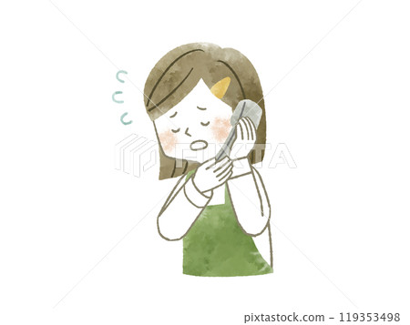 A woman wearing an apron apologizing on the phone - watercolor A woman wearing an apron apologizing on the phone - watercolor 119353498