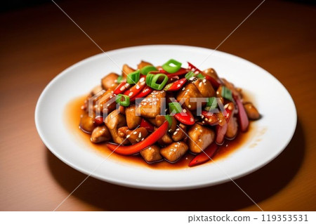 A Plate of Kung Pao Chicken on a Wooden Table 119353531